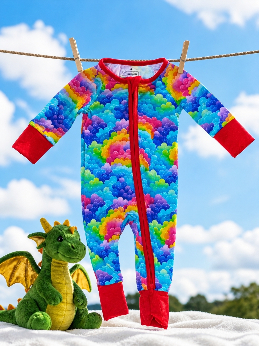 NWOT Bamboo Baby Rainbow Cloud Print One-Piece with Red Trim